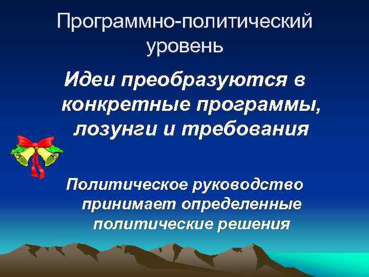 Программно-политический уровень Идеи преобразуются в конкретные программы, лозунги и требования Политическое руководство принимает определенные