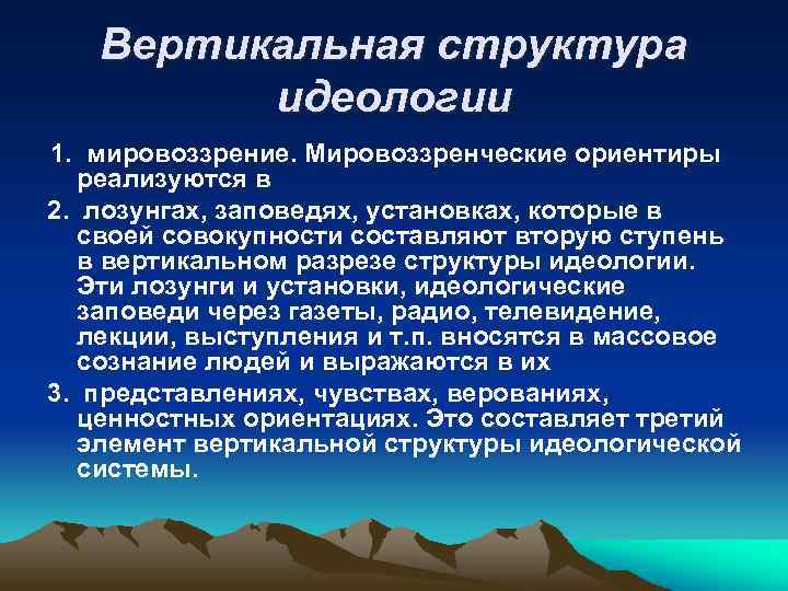 Вертикальная структура идеологии 1. мировоззрение. Мировоззренческие ориентиры реализуются в 2. лозунгах, заповедях, установках, которые