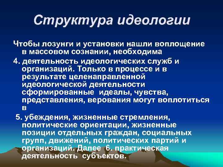 Структура идеологии Чтобы лозунги и установки нашли воплощение в массовом сознании, необходима 4. деятельность