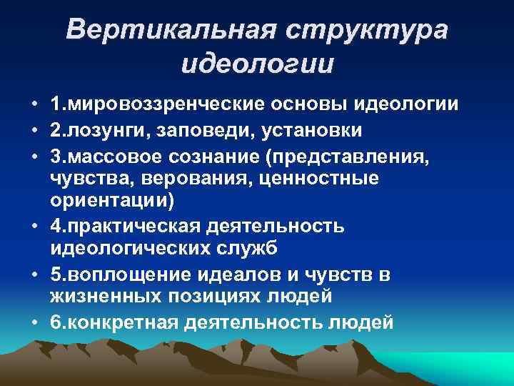 Вертикальная структура идеологии • 1. мировоззренческие основы идеологии • 2. лозунги, заповеди, установки •