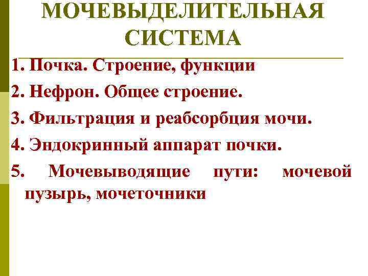 МОЧЕВЫДЕЛИТЕЛЬНАЯ СИСТЕМА 1. Почка. Строение, функции 2. Нефрон. Общее строение. 3. Фильтрация и реабсорбция
