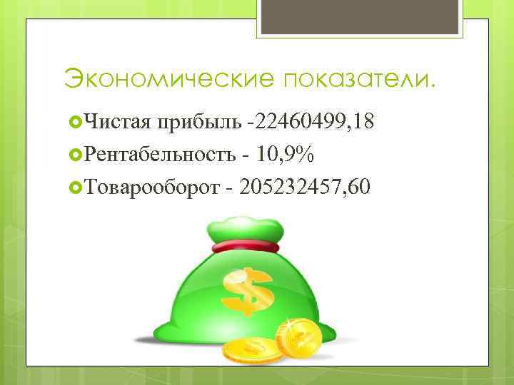 Экономические показатели. Чистая прибыль -22460499, 18 Рентабельность - 10, 9% Товарооборот - 205232457, 60