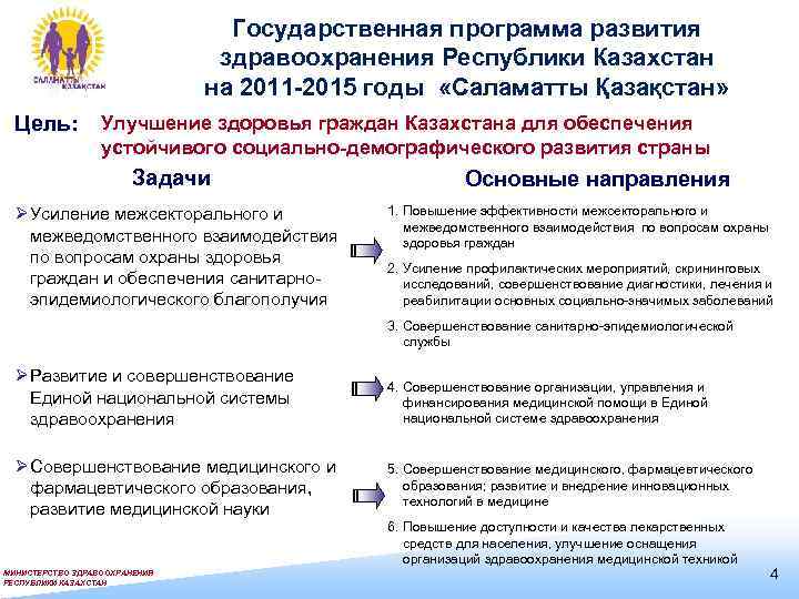 Государственная программа развития здравоохранения Республики Казахстан на 2011 -2015 годы «Саламатты Қазақстан» Цель: Улучшение