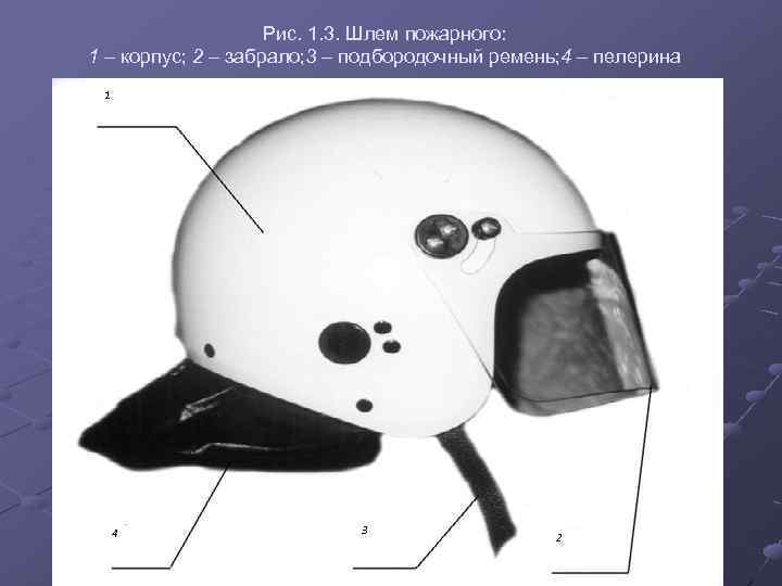 Рис. 1. 3. Шлем пожарного: 1 – корпус; 2 – забрало; 3 – подбородочный