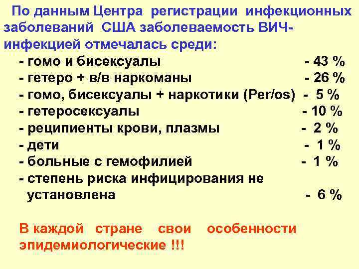 По данным Центра регистрации инфекционных заболеваний США заболеваемость ВИЧинфекцией отмечалась среди: - гомо и