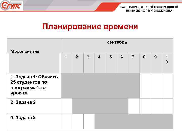 НАУЧНО-ПРАКТИЧЕСКИЙ КОРПОРАТИВНЫЙ ЦЕНТР БИЗНЕСА И МЕНЕДЖМЕНТА Планирование времени сентябрь Мероприятие 1 2 3. Задача