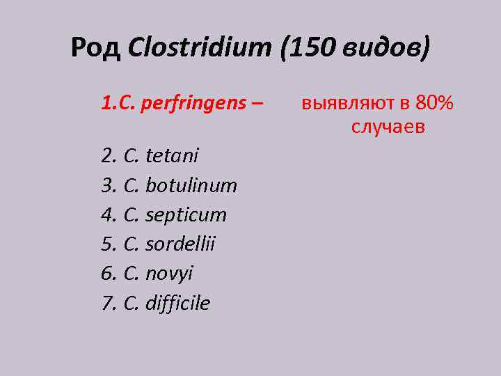 Род Clostridium (150 видов) 1. C. perfringens – 2. C. tetani 3. C. botulinum