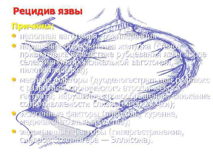 Рецидив язвы Причины: • неполная ваготомия, реиннервация • нарушение опорожнения желудка (стеноз привратника вследствие