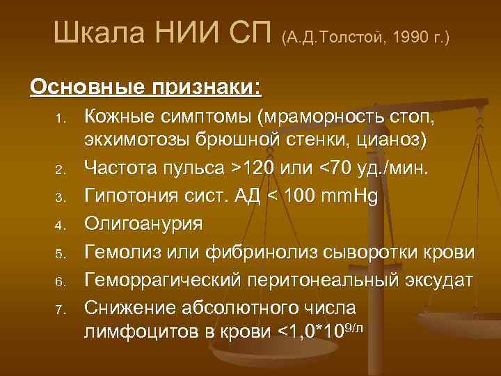 Шкала НИИ СП (А. Д. Толстой, 1990 г. ) Основные признаки: 1. 2. 3.