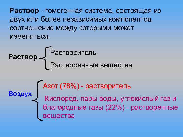 Раствор - гомогенная система, состоящая из двух или более независимых компонентов, соотношение между которыми