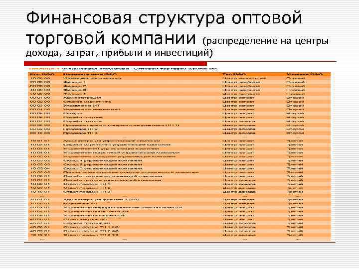 Финансовая структура оптовой торговой компании (распределение на центры дохода, затрат, прибыли и инвестиций) 