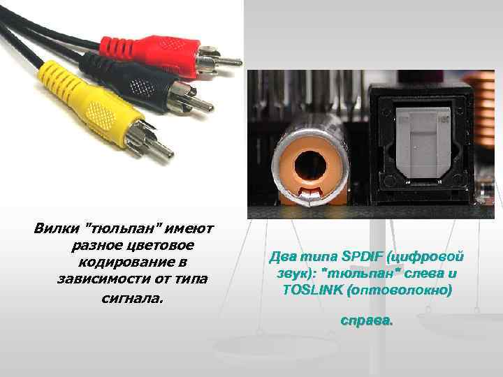 Вилки "тюльпан" имеют разное цветовое кодирование в зависимости от типа сигнала. Два типа SPDIF