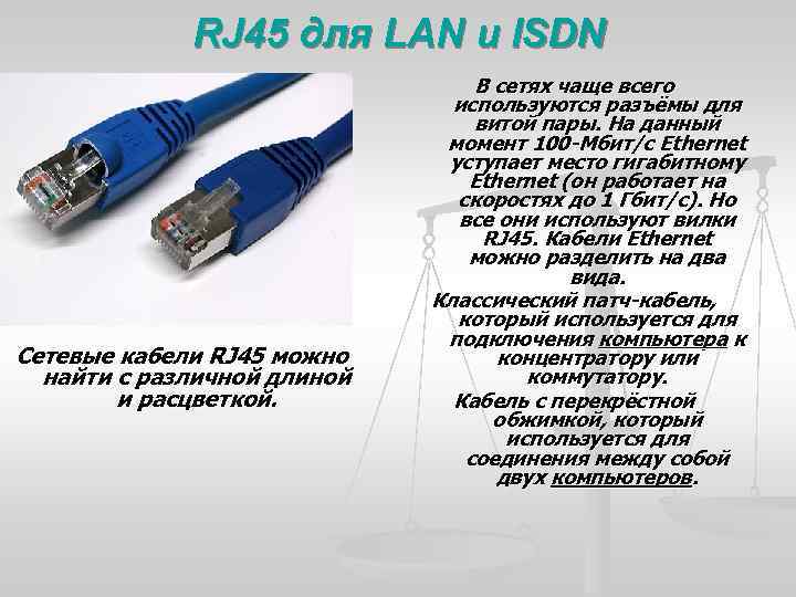RJ 45 для LAN и ISDN Сетевые кабели RJ 45 можно найти с различной