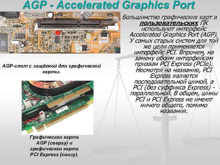 AGP - Accelerated Graphics Port AGP-слот с защёлкой для графической карты. Графическая карта AGP