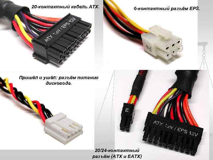 20 -контактный кабель ATX. 6 -контактный разъём EPS. Пришёл и ушёл: разъём питания дисковода.