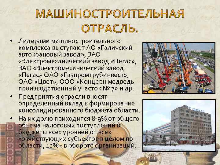  • Лидерами машиностроительного комплекса выступают АО «Галичский автокрановый завод» , ЗАО «Электромеханический завод