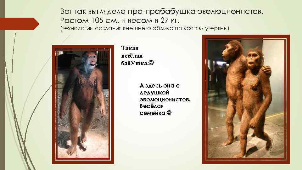 Вот так выглядела пра-прабабушка эволюционистов. Ростом 105 см. и весом в 27 кг. (технологии