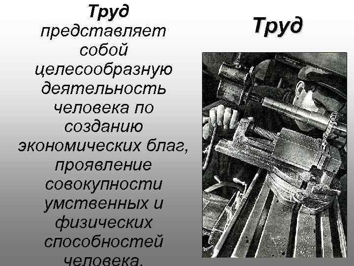 Труд представляет собой целесообразную деятельность человека по созданию экономических благ, проявление совокупности умственных и