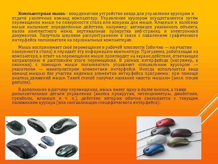 Компьютерная мышь - координатное устройство ввода для управления курсором и отдачи различных команд компьютеру.