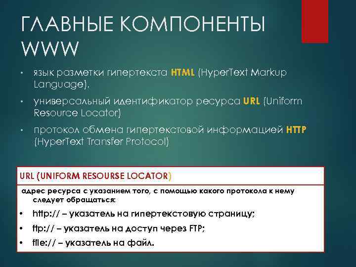 ГЛАВНЫE КОМПОНЕНТЫ WWW • язык разметки гипертекста HTML (Hyper. Text Markup Language), • универсальный