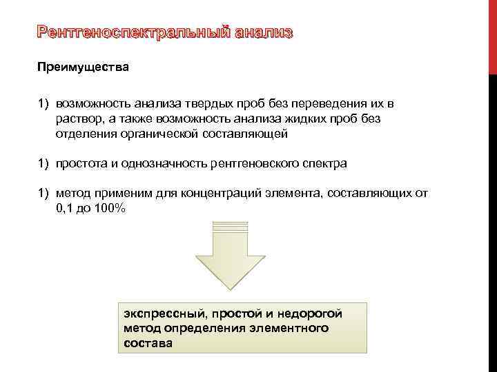Рентгеноспектральный анализ Преимущества 1) возможность анализа твердых проб без переведения их в раствор, а