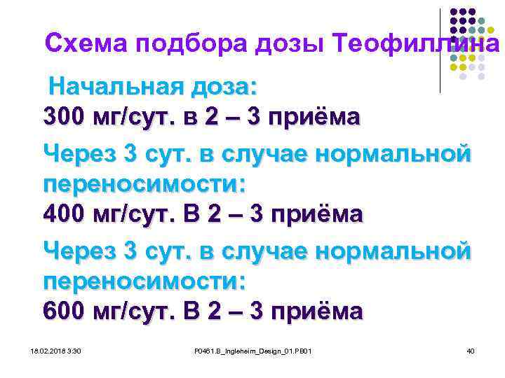 Схема подбора дозы Теофиллина Начальная доза: 300 мг/сут. в 2 – 3 приёма Через