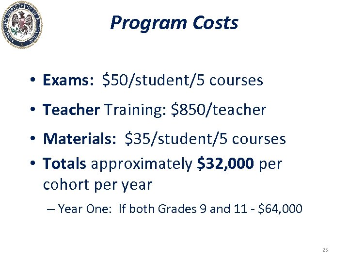 Program Costs • Exams: $50/student/5 courses • Teacher Training: $850/teacher • Materials: $35/student/5 courses