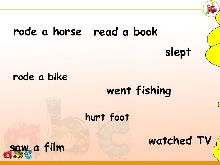 rode a horse read a book slept rode a bike went fishing hurt foot