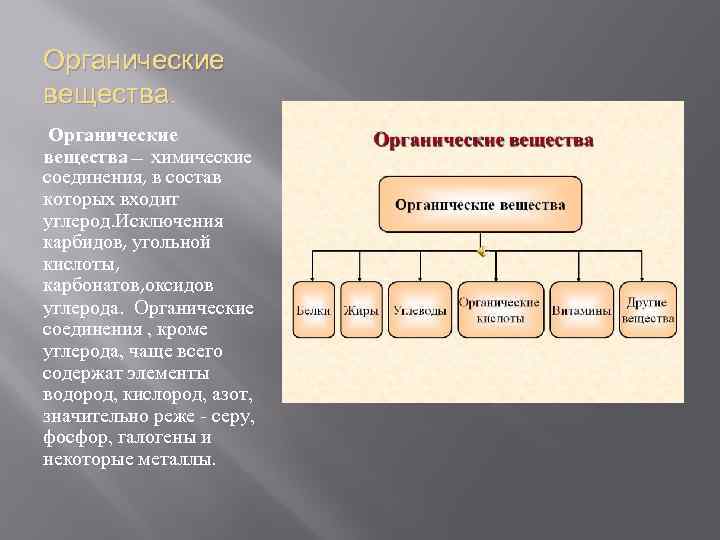 Органические вещества. Органические вещества — химические соединения, в состав которых входит углерод. Исключения карбидов,