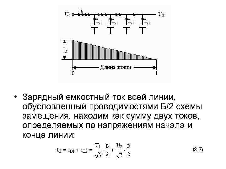  • Зарядный емкостный ток всей линии, обусловленный проводимостями Б/2 схемы замещения, находим как