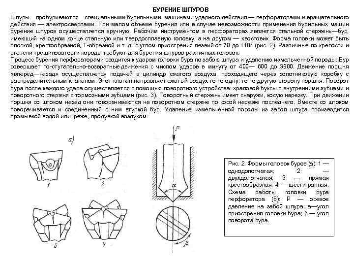 БУРЕНИЕ ШПУРОВ Шпуры пробуриваются специальными бурильными машинами ударного действия — перфораторами и вращательного действия