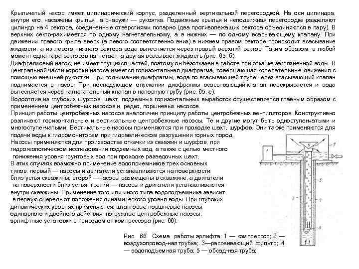 Крыльчатый насос имеет цилиндрический корпус, разделенный вертикальной перегородкой. На оси цилиндра, внутри его, насажены