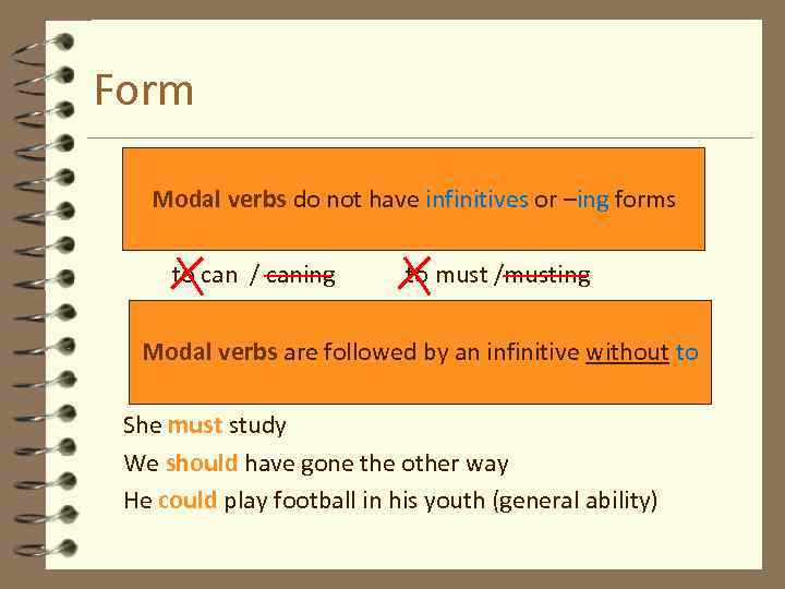Form Modal verbs do not have infinitives or –ing forms to can / caning