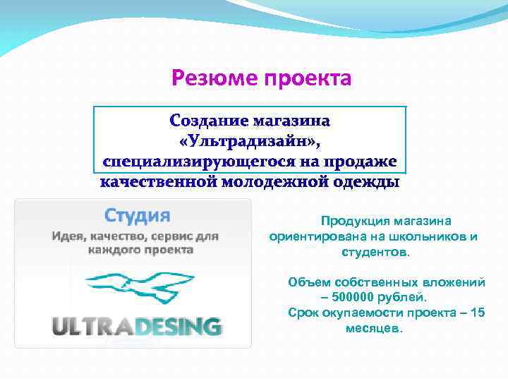 Резюме проекта Продукция магазина ориентирована на школьников и студентов. Объем собственных вложений – 500000