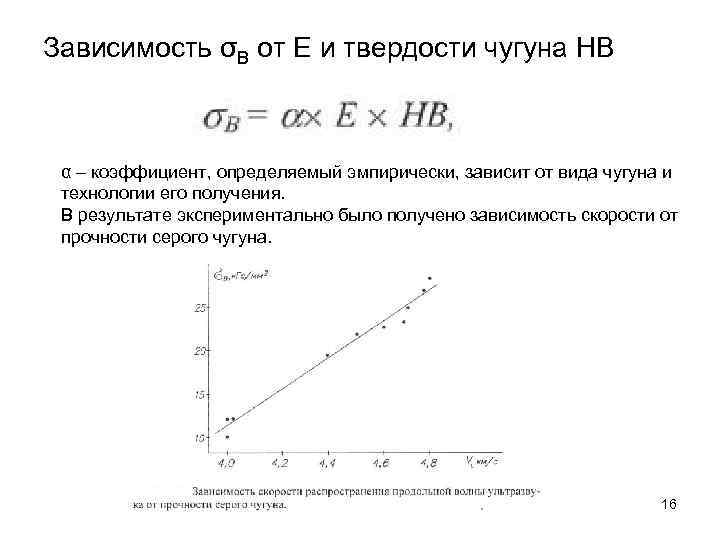 Зависимость σB от E и твердости чугуна НВ α – коэффициент, определяемый эмпирически, зависит