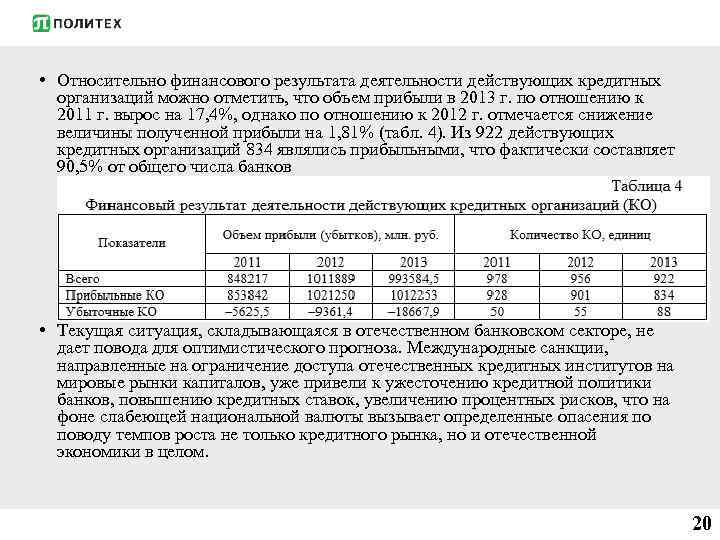  • Относительно финансового результата деятельности действующих кредитных организаций можно отметить, что объем прибыли