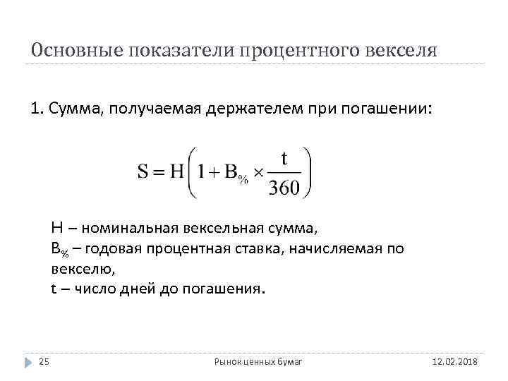 Основные показатели процентного векселя 1. Сумма, получаемая держателем при погашении: H – номинальная вексельная