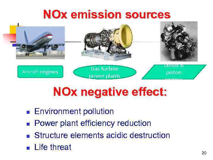 NOx emission sources Aircraft engines Gas turbine power plants Diesel & piston engines NOx