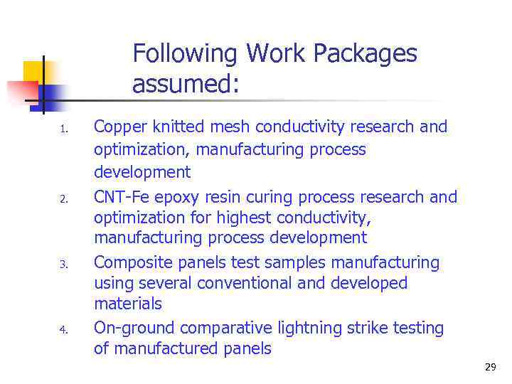 Following Work Packages assumed: 1. 2. 3. 4. Copper knitted mesh conductivity research and