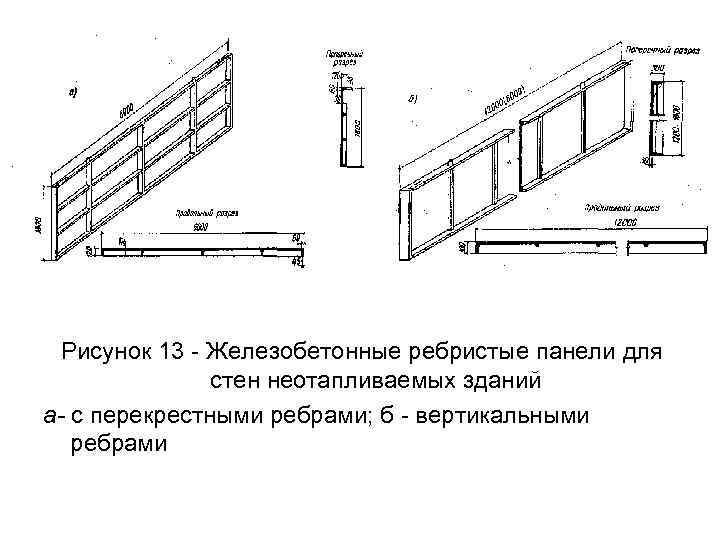 Рисунок 13 Железобетонные ребристые панели для стен неотапливаемых зданий а- с перекрестными ребрами; б