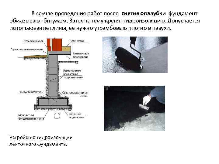 В случае проведения работ после снятия опалубки фундамент обмазывают битумом. Затем к нему крепят
