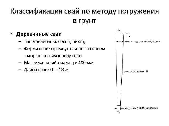Классификация свай по методу погружения в грунт • Деревянные сваи – Тип древесины: сосна,