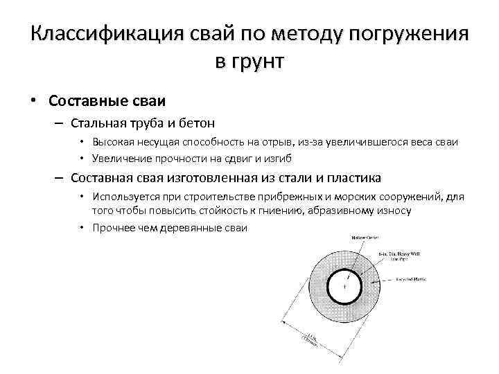 Классификация свай по методу погружения в грунт • Составные сваи – Стальная труба и