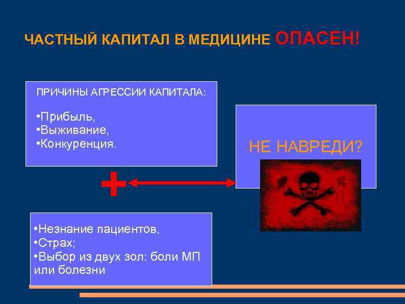 ЧАСТНЫЙ КАПИТАЛ В МЕДИЦИНЕ ОПАСЕН! ПРИЧИНЫ АГРЕССИИ КАПИТАЛА: • Прибыль, • Выживание, • Конкуренция.