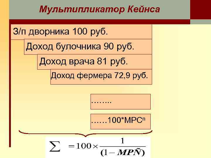 Мультипликатор Кейнса З/п дворника 100 руб. Доход булочника 90 руб. Доход врача 81 руб.