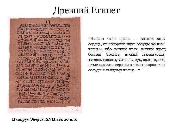 Древний Египет «Начало тайн врача — знание хода сердца, от которого идут сосуды ко