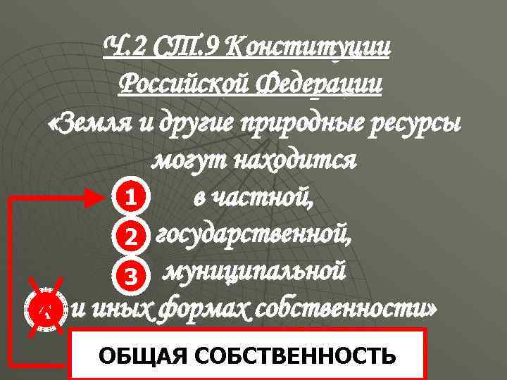 Ч. 2 СТ. 9 Конституции Российской Федерации «Земля и другие природные ресурсы могут находится