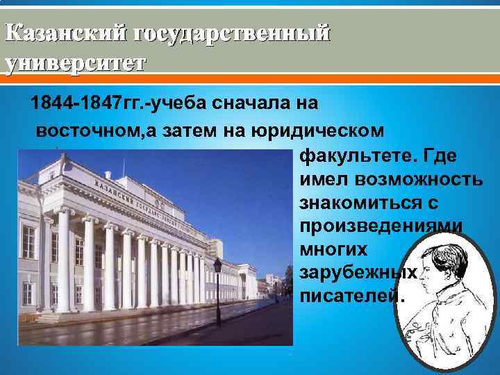 Казанский государственный университет 1844 -1847 гг. -учеба сначала на восточном, а затем на юридическом