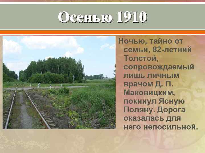 Осенью 1910 Ночью, тайно от семьи, 82 -летний Толстой, сопровождаемый лишь личным врачом Д.