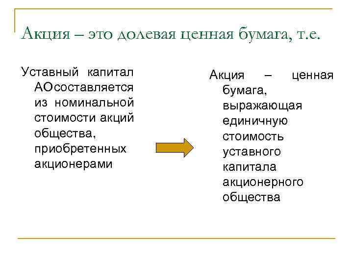 Акция – это долевая ценная бумага, т. е. Уставный капитал АО составляется из номинальной